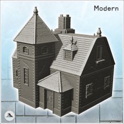 1-PREM.jpg STL file Modern mansion with large entrance and annex tower (3) - Modern WW2 WW1 World War Diaroma Wargaming RPG・3D printing idea to download