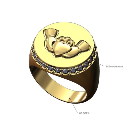 Diamond-halo-sides-18mm-round-Claddagh-heart-Chunky-signet-ring-size9-00.jpg Diamond halo Claddagh heart crown round signet ring size 9 3D print model