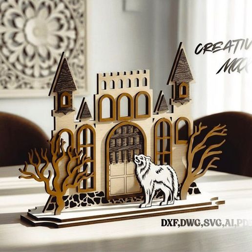 Laser Cut Design: "Castle and Wolf" Decorative Composition