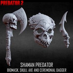 SHAMAN_THREE_PACK_01-CULTS3D.jpg STL file 3D PRINTABLE SHAMAN PREDATOR BIOMASK AXE AND DAGGER PREDATOR 2・3D printable model to download