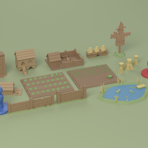 Farmyard Set - 13 Files for 28 mm Tabletop: Scarecrow, Chicken Coop, Pigsty, Beehives, Fields, Duck Pond, Fences - No Supports