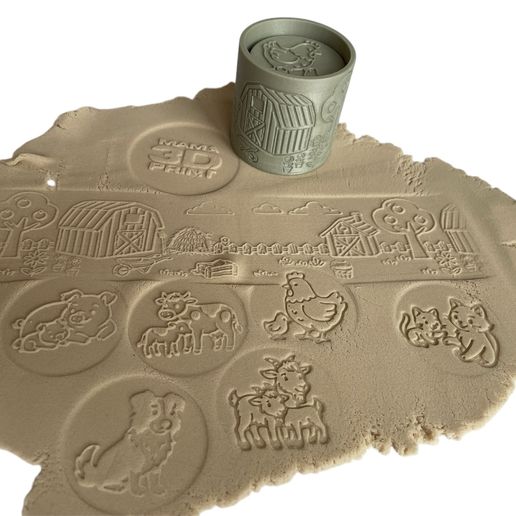 Baby Animals Farm Play Dough Stamp Set – 3D Printable Roller + 6 6 Farm Animal Motifs 3D model