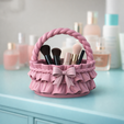 ribbon_ruffle_basket_6.png Ribbon Ruffle Basket | Bow Handle Decorative Storage Basket | Vanity Cosmetic Brush Holder