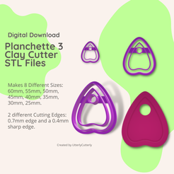 Digital Download Planchette 3 Clay Cutter STL Files Makes 8 Different Sizes: 60mm, 55mm, 50mm, 45mm, 40mm, 35mm, 30mm, 25mm. 2 different Cutting Edges: 0.7mm edge and a 0.4mm Sharp edge. Created by UtterlyCutterly 3D file Planchette 3 Clay Cutter - Halloween STL Digital File Download- 8 sizes and 2 Cutter Versions・3D print design to download, UtterlyCutterly