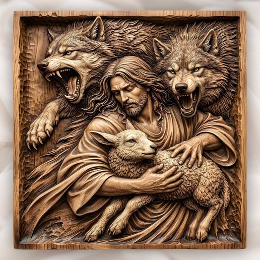 Jesus Good Shepherd Protecting Lamb Wolves CNC Relief STL