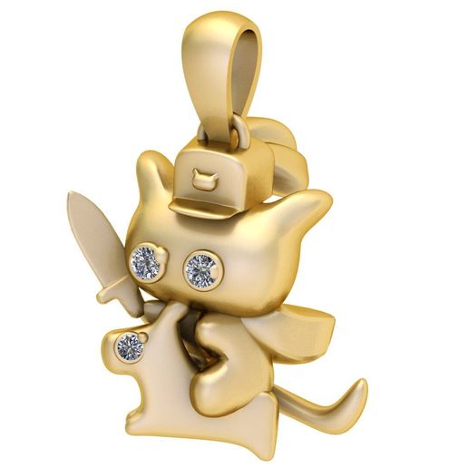 Gold "Battle Cat" Diamond Pendant – Stylized Warrior Kitten Jewelry 3D Model