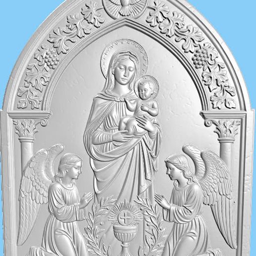 Virgin Mary and Child Jesus 3D Relief - Eucharist & Adoring Angels STL File for CNC and 3D Printing
