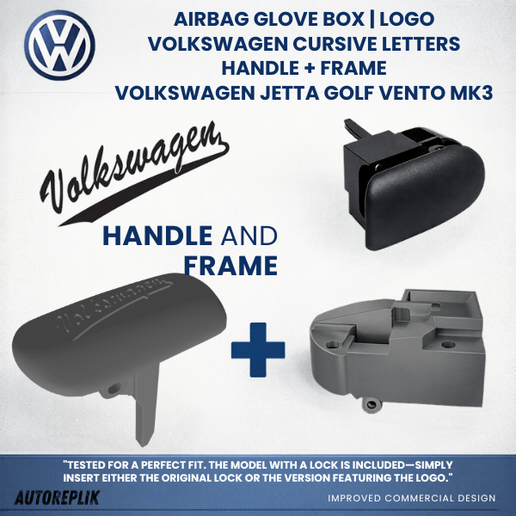 (VOLKSWAGEN CURSIVE LETTERS) Volkswagen Jetta / Golf / Vento MK3 – Airbag Glove Box Handle + Frame – STL