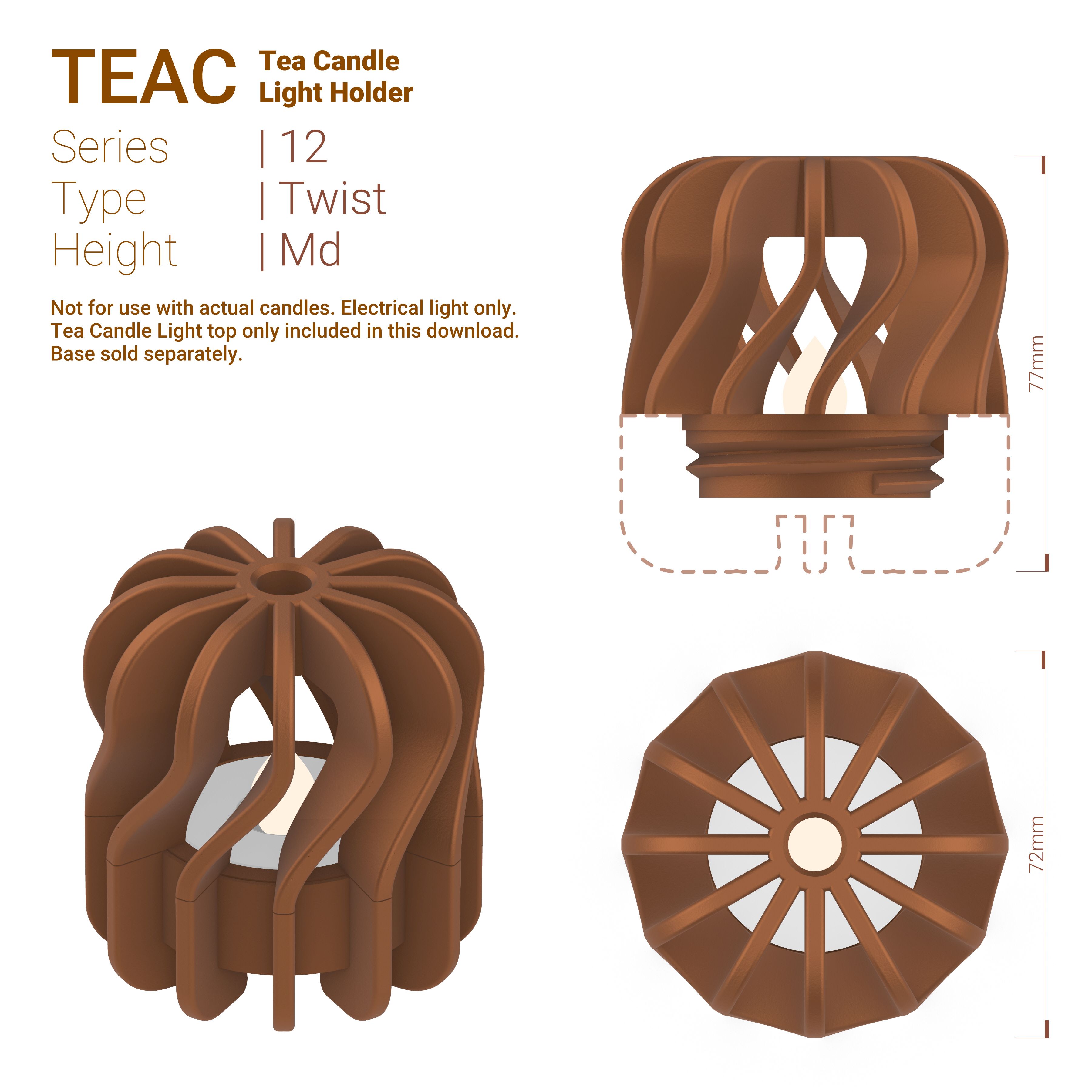 Teac_12_Twist_Md.jpg STL file TeaC | Tea Light Holder | Twist Top (12) *Md・3D print design to download, DaveMans