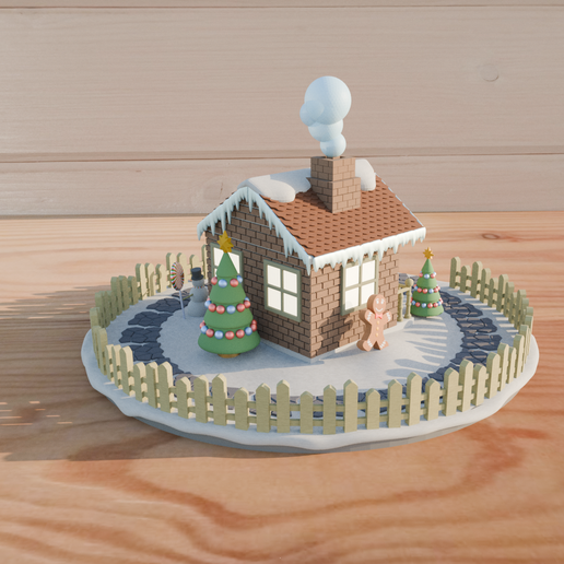 scene2.png 圣诞场景与细节。姜饼人、圣诞树、雪人、圣诞屋、雪、路径、栅栏、节日。