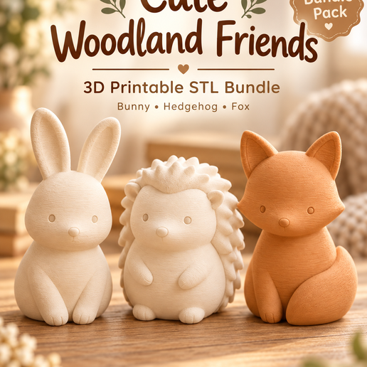 Cute Woodland Friends STL Bundle – Bunny, Hedgehog & Fox | 3D Printable Animal Collection