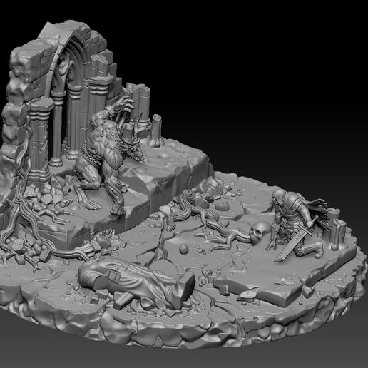 The Hunter and the Chained Beast – Dark Fantasy Diorama (Kneeling Demon Hunter, Antlered Demon & Gothic Ruins Base)