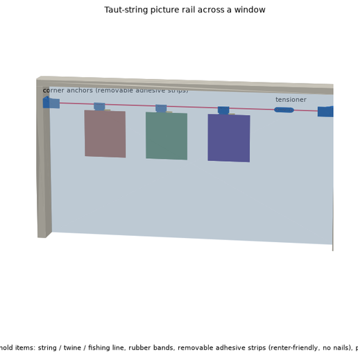 Renter-Friendly Taut-String Picture Rail: corner anchors, tensioner, rubber-band photo sliders