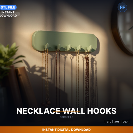 Wall Mounted Necklace Hooks, 5 Hook Bar, Jewelry Wall - 3D Printable STL File