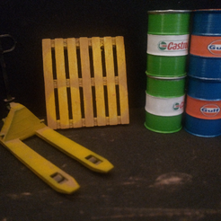преузимање-(3).png Diorama Parts 1-24 pallet truck,jack with pallet and Castrol Gulf oil barrels