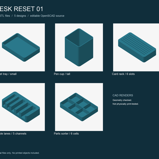 Desk Reset 01 - 10 Desk Organizer STL Files and Editable Source