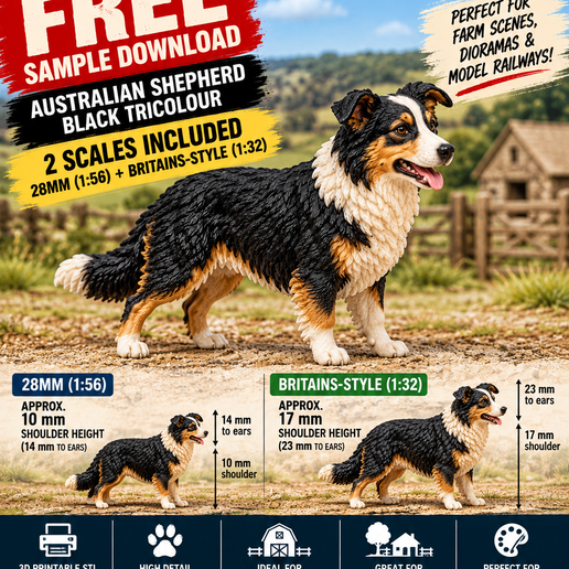 FREE Australian Shepherd – Farm & Animal Collection 2 Scales Included – 28mm (1:56) & Britains-Style (1:32)  FREE SAMPLE DOWNLOAD FROM MINIMINIATURESMAGIC 3D model