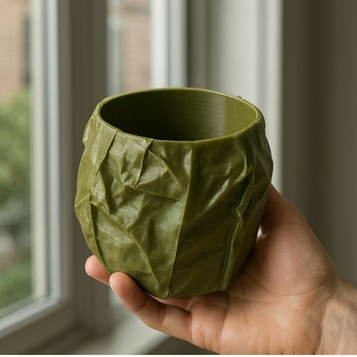 IMG_٢٠٢٥٠٤١٠_١٥٣٠٥٠.jpg Olive Green 3D Printed Crumpled Planter with Red Plant on Desk   ---