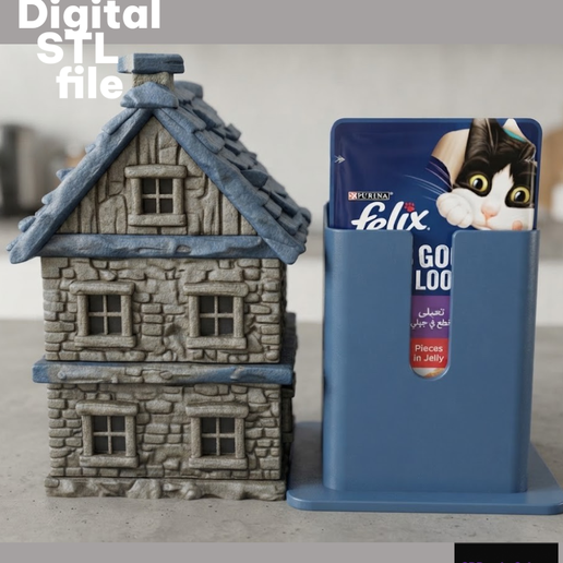 Cat Food Pouch Holder STL Village House | 3D Printable Cat Food Organizer