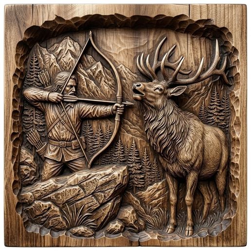 Hunter Elk Wilderness Scene CNC Relief STL