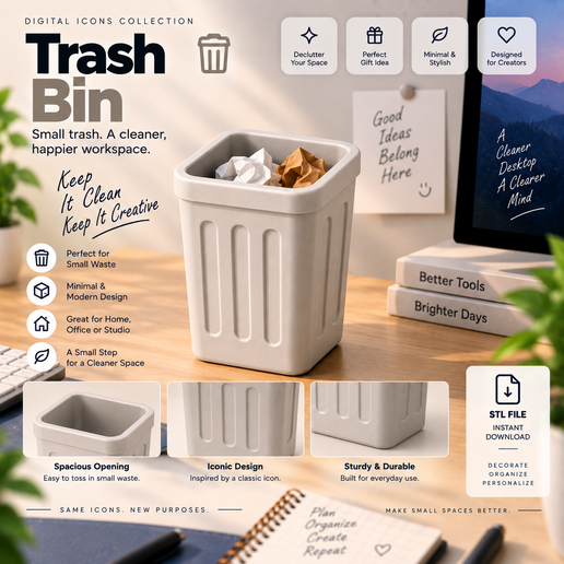 Mini Desktop Trash Can – Small Waste Bin & Desk Organizer STL