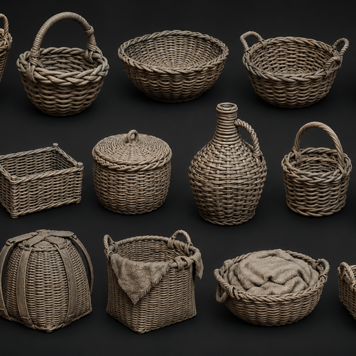 Various baskets and hampers 3D model preview