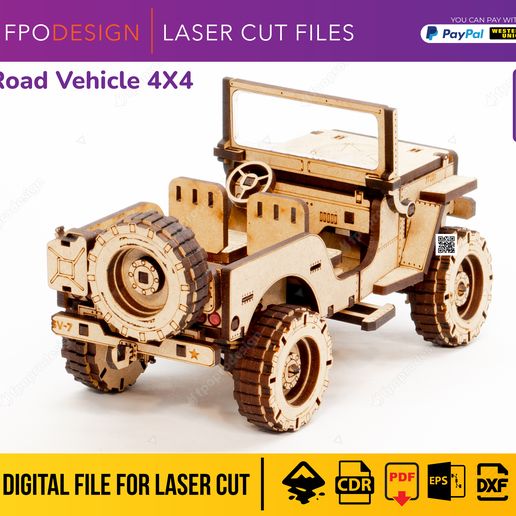 JP-W-4.jpg Carro de guerra 4x4 planos corte láser madera mdf aglomerado de 3mm truck  modelo 3d para armar Laser Cut 3D Puzzle DIY png svg dfx pd