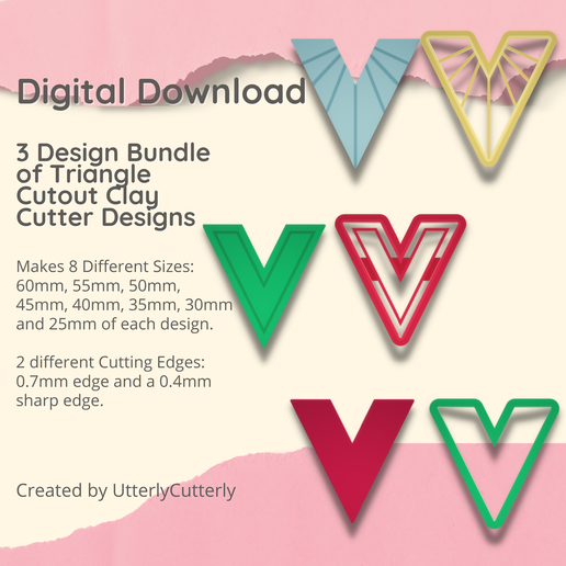 3 designs of Triangle Cut-out Clay Cutter - V STL Digital File Download- 8 sizes and 2 Cutter Versions 3D model