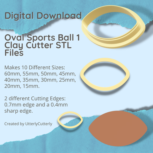 Oval Sports Ball 1 Clay Cutter - American Football- Rugby - Jewelry Earring STL Digital File Download- 10 sizes and 2 Cutter Versions 3D model
