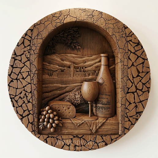 CNC Router File | Wine STL Model, Vineyard Relief Carving | Kitchen 3D Decor