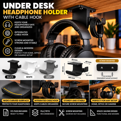 Under Desk Headphone Holder with Cable Hook – Screw Mount – 3D Printable STL