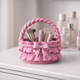 ribbon_ruffle_basket_4.png Ribbon Ruffle Basket | Bow Handle Decorative Storage Basket | Vanity Cosmetic Brush Holder