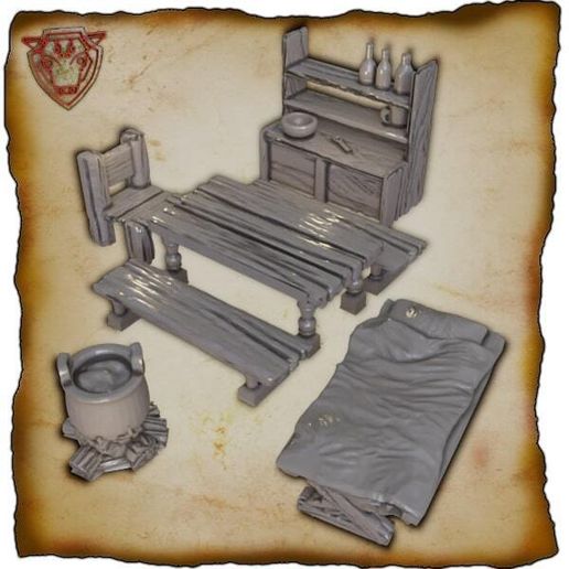 Medieval Cottage Furniture Pack STL - Tavern, Inn & Peasant Interior Terrain Set  Table, Benches, Bed, Dresser & Cauldron Scatter