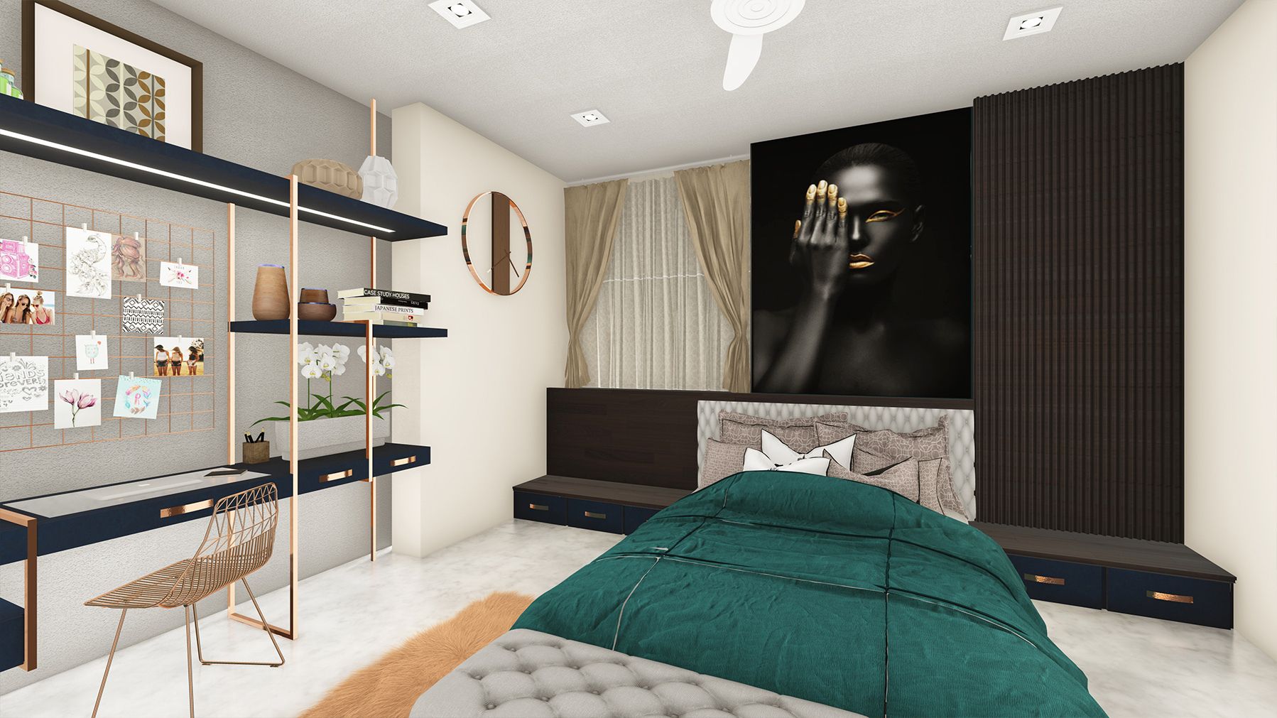 Archivo STL Escena interior de un dormitorio con zona de estudio y ...