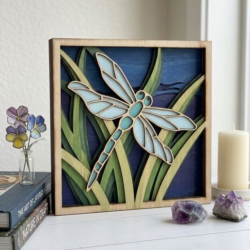 MD547 - Dragonfly Shadow Box SVG, Dragonfly Night Pond Laser Cut File, 3D Layered Nature Wall Art, Glowforge CNC, Digital Download
