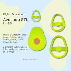 Digital Download a \ Avacado STL “7 Files Makes 8 Different Sizes: 60mm, 55mm, 50mm, 45mm, 40mm, 35mm, 30mm, 25mm. 2 different Cutting Edges: - 0.7mm edge and a 0.4mm | sharp edge. C eo Created by UtterlyCutterly Archivo 3D Cortador de arcilla de aguacate - Descarga de archivos digitales STL de frutas y verduras - 8 tamaños y 2 versiones de cortadores・Objeto de impresión 3D para descargar