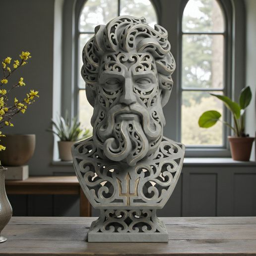Modern Poseidon Bust Sculpture – Ornamental Filigree Design, Luxury Greek Mythology Decor