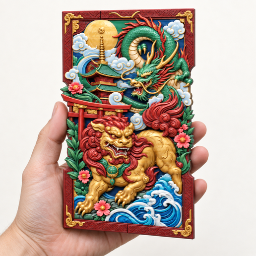 Japanese Dragon and Guardian Lion Panel - Wall Art STL