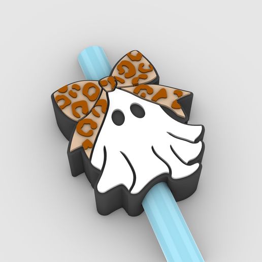 Straw Topper Ghost with Leopard Bow Fits Standard & Stanley Straws | STL, 3MF pre-painted