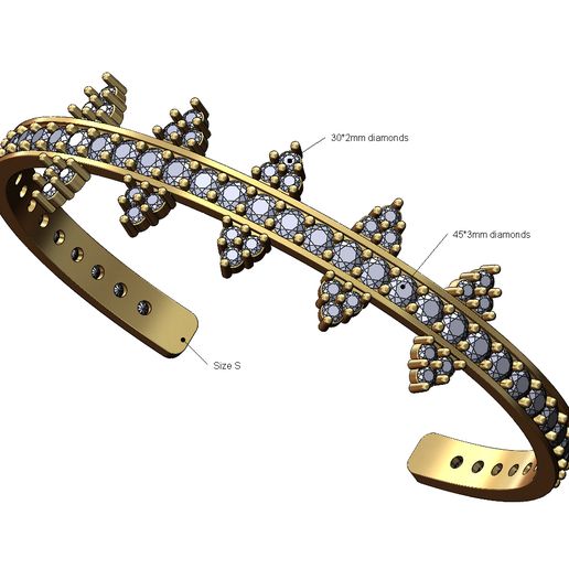 Diamond triangular cluster sides cuff bracelet size S 3D print model 3D model
