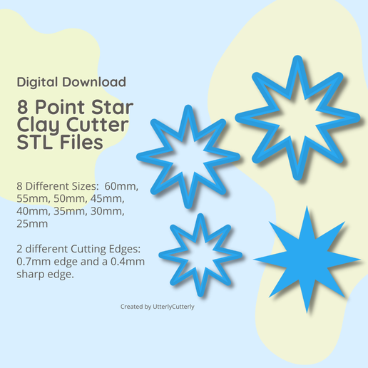 Star Clay Cutter - 8 point STL Digital File Download- 8 sizes and 2 Cutter Versions 3D model