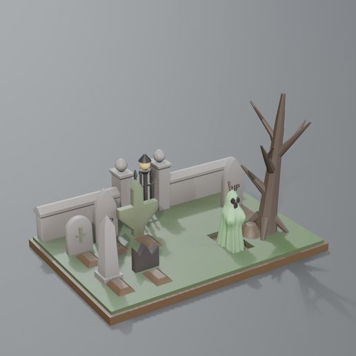 Haunted Graveyard Diorama - Six Headstones, Dead Tree, Open Grave and Rising Ghost, No Supports - 3D Print STL