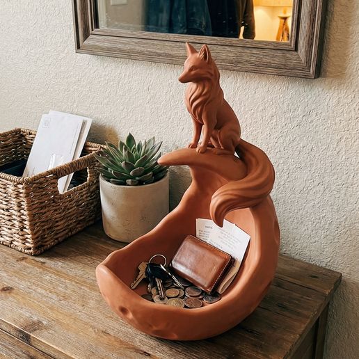 Fox Catchall Bowl STL – Rustic Woodland Entryway Key Holder Tray – 3D Printed Animal Sculpture Organizer
