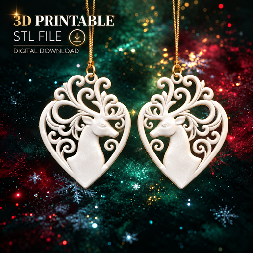 3D Printable Heart Reindeer Ornament, Christmas Tree Decoration (STL File)