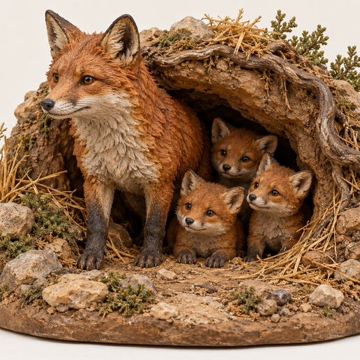 Zorra con cachorros en su madriguera – Figuras de Belén para impresión 3D