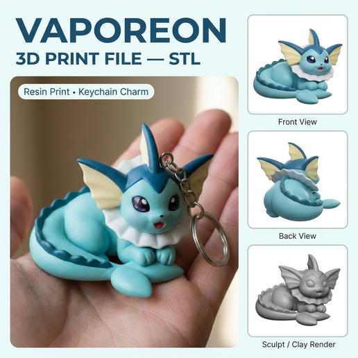 VAPOREON CHIBI KEYCHAIN 3D PRINTABLE STL FILE