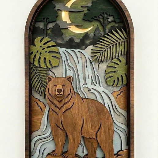 MD320 - Layered Wood Bear Wall Art, Moon Night Scene, Forest Waterfall (SVG, DXF) suset svg