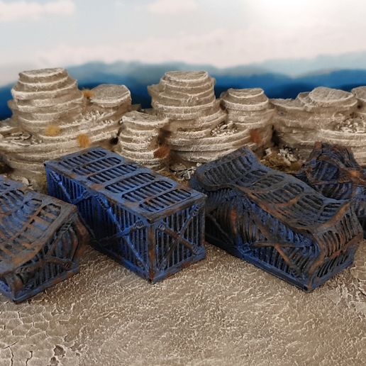 containers-row.jpg Conteneur d'expédition futuriste, également écrasé