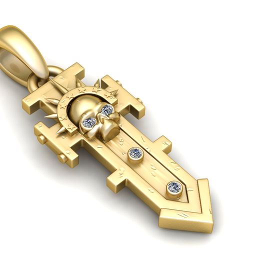 18K Gold Skull Sword Diamond Pendant