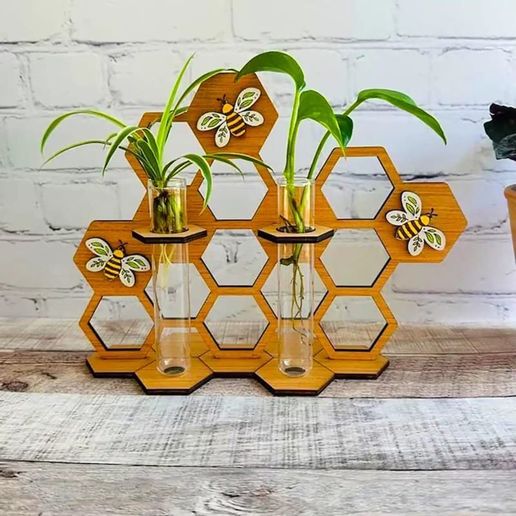 🐝 honeycomb propagation station desktop stand vector files honeycomb bee planter cnc laser cut dxf svg ai template 3D model